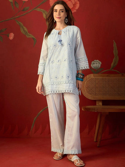 Blue schiffli embroidered cotton tunic and pants
