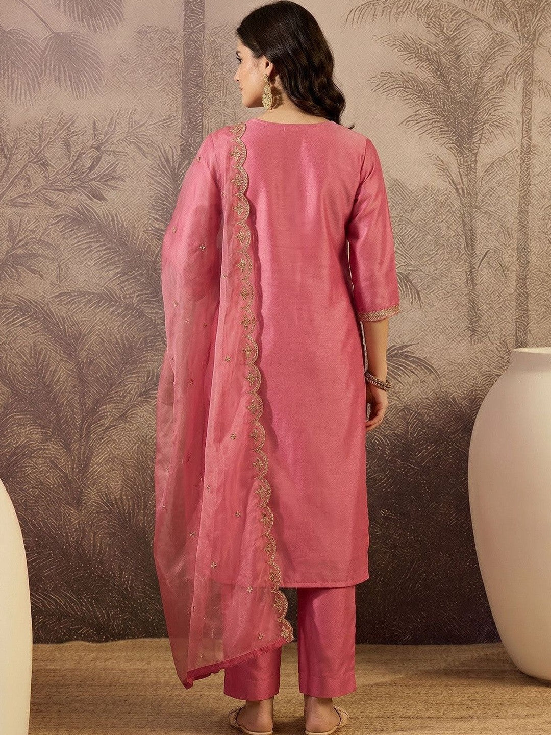 Printed V-Neck Kurta & Trousers With Dupatta