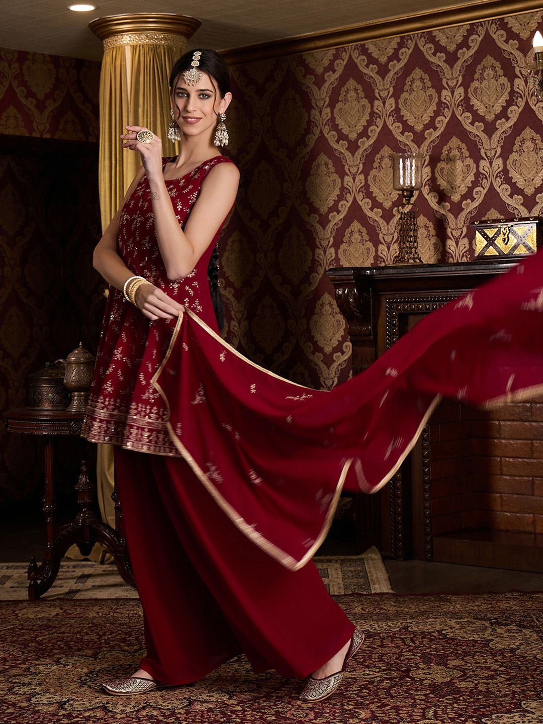 Dhiyona CH Floral Embroidered Sequinned Anarkali Kurta With Palazzos & Dupatta
