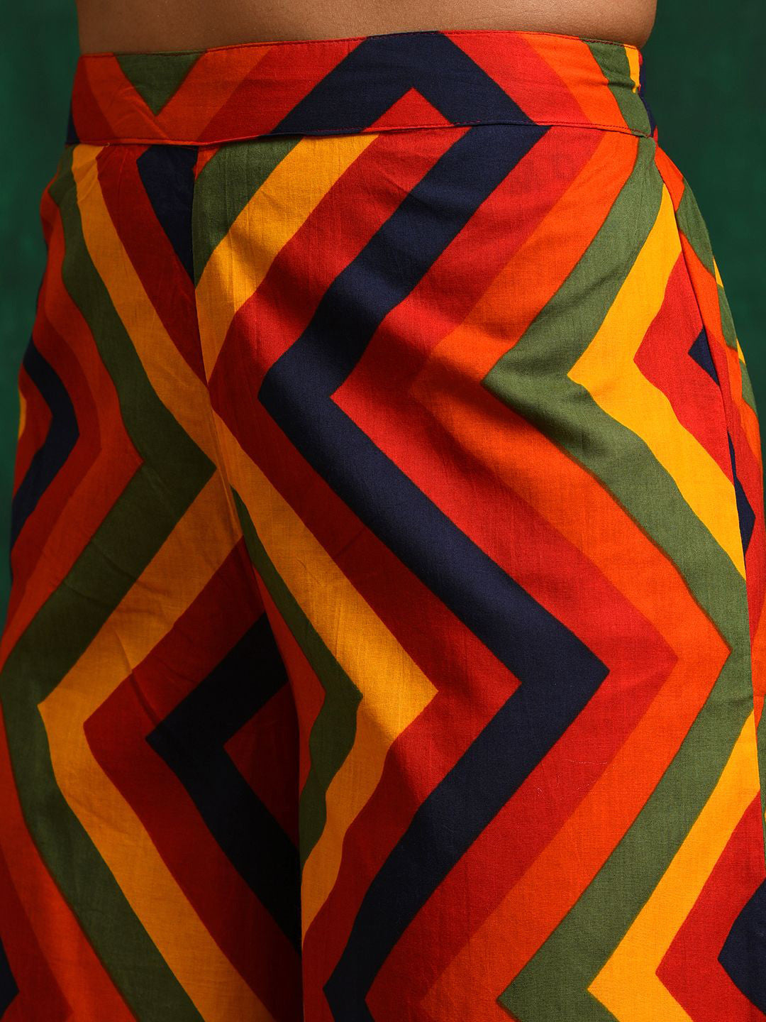 Red Chevron Printed Pure Cotton A-Line Kurta & Trousers With Jacket
