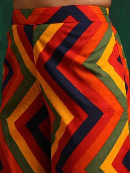 Red Chevron Printed Pure Cotton A-Line Kurta & Trousers With Jacket