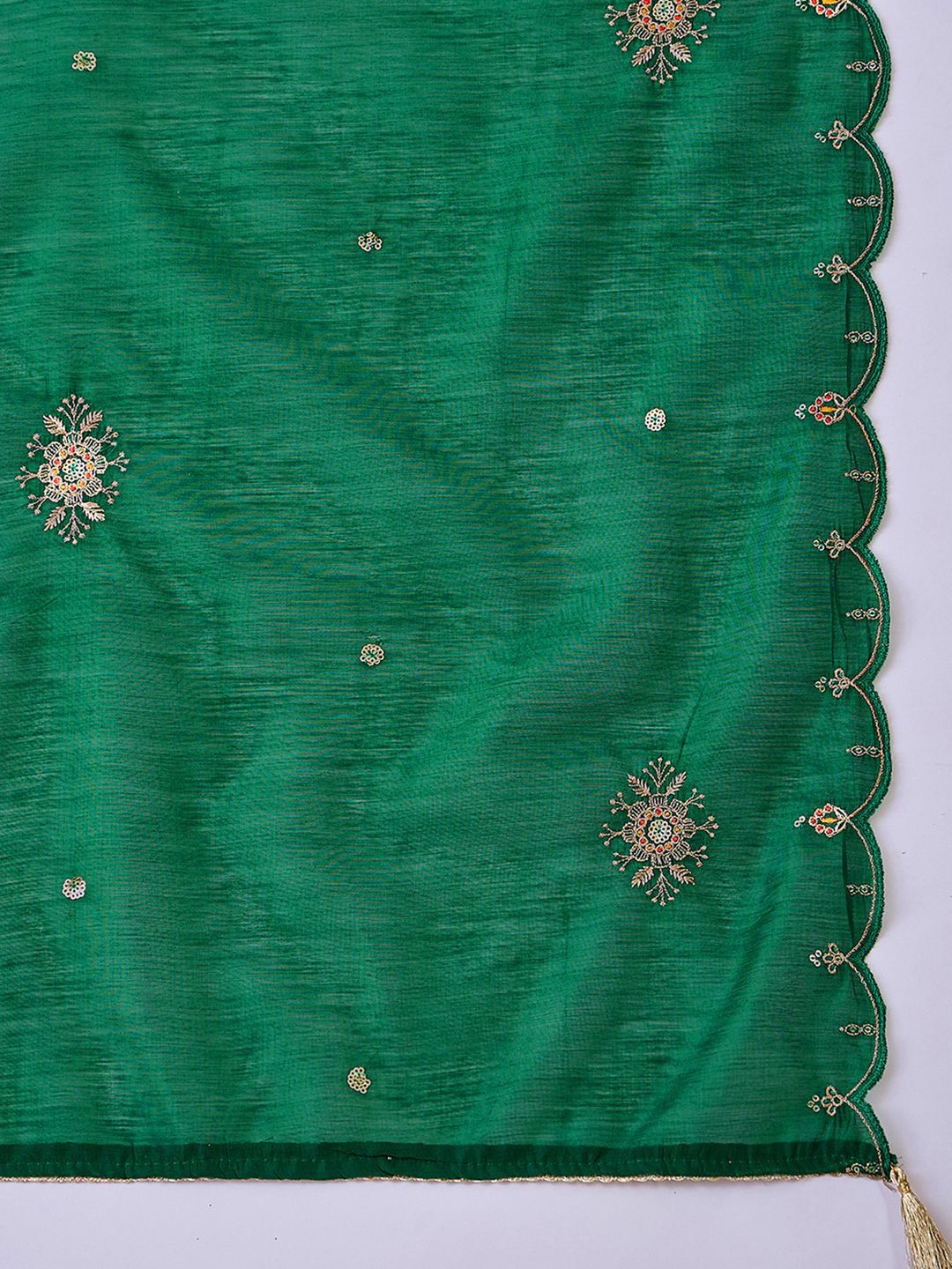 Dhiyona CH Floral Embroidered V-Neck Mirror Work Straight Kurta With Trousers & Dupatta
