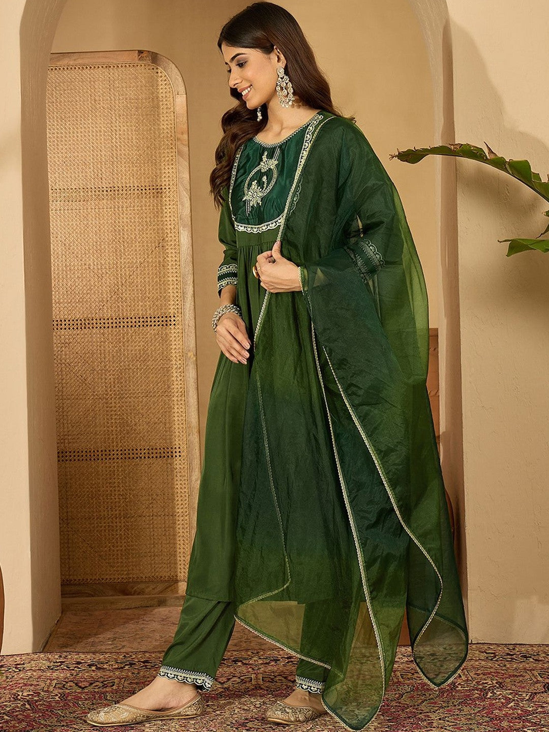 Ethnic Motifs Embroidered Pleated Thread Work Kurta With Palazzos & Dupatta