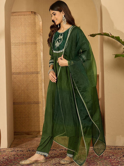 Ethnic Motifs Embroidered Pleated Thread Work Kurta With Palazzos & Dupatta