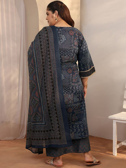 Dhiyona Women's Plus Size Ethnic Motifs Printed Kurta with Trousers & Dupatta