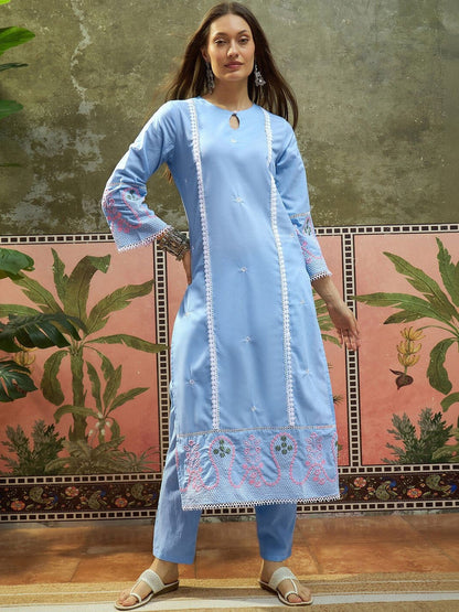 Embroidered Pure Cotton Keyhole Neck Kurta & Trousers With Dupatta