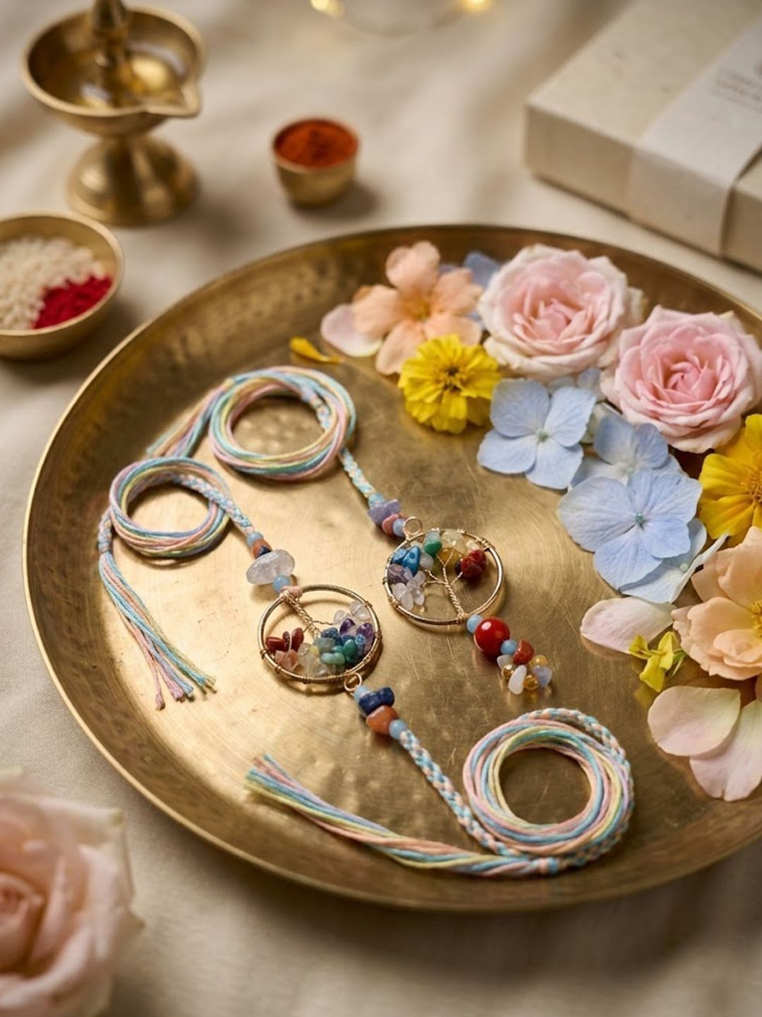 Dhiyona Set Of 2 Artificial Stones Bhaiya Bhabhi Rakhi With Roli Chawal Chandan Mishri