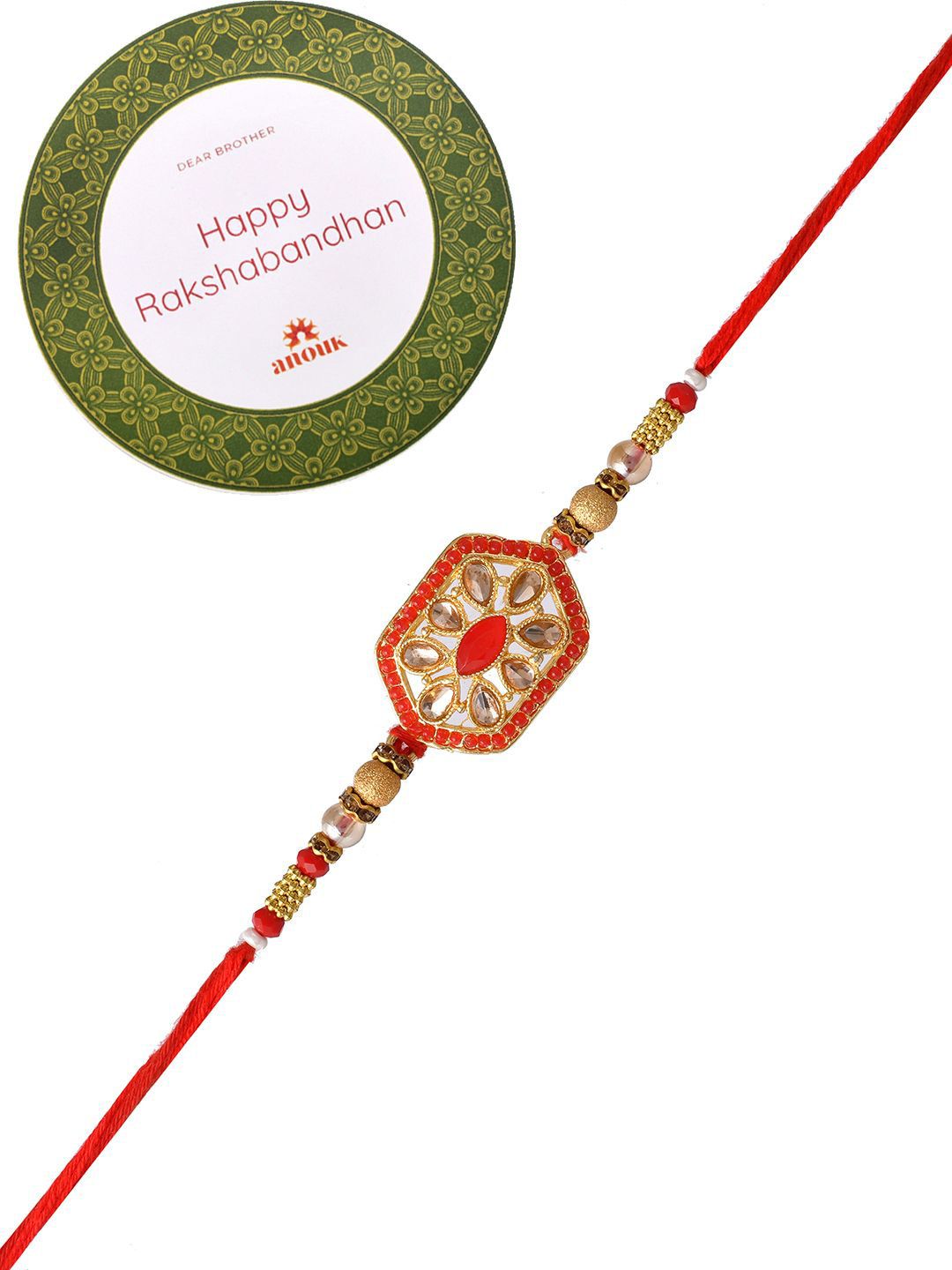 Dhiyona Gold-Toned Beaded Rakhi With Roli Chawal & Greeting Card