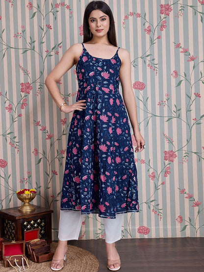 Dhiyona OD  Floral Printed Shoulder Straps Anarkali Pure Cotton Kurta