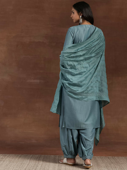 Women's LB Grey Self Design Silk Blend Straight Suit With Dupatta