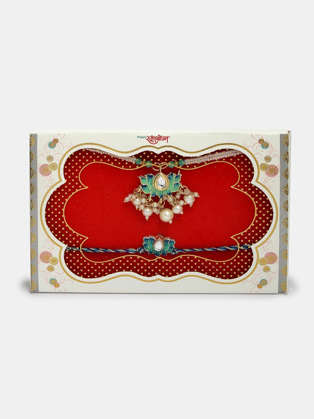 Dhiyona Unisex Set Of 2 Turquoise Blue Lotus Shape Kundan-Studded Handcrafted Rakhi Set