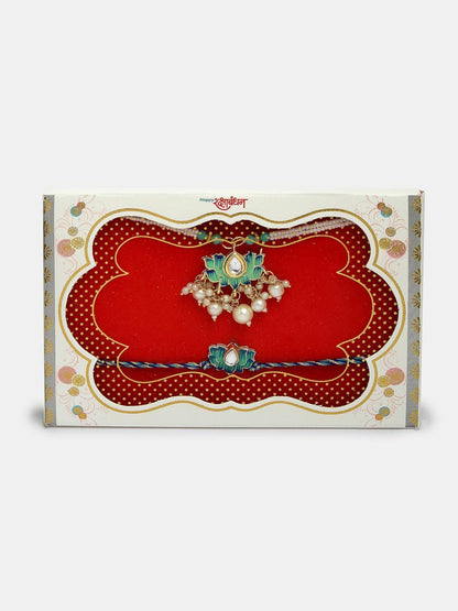 Dhiyona Unisex Set Of 2 Turquoise Blue Lotus Shape Kundan-Studded Handcrafted Rakhi Set