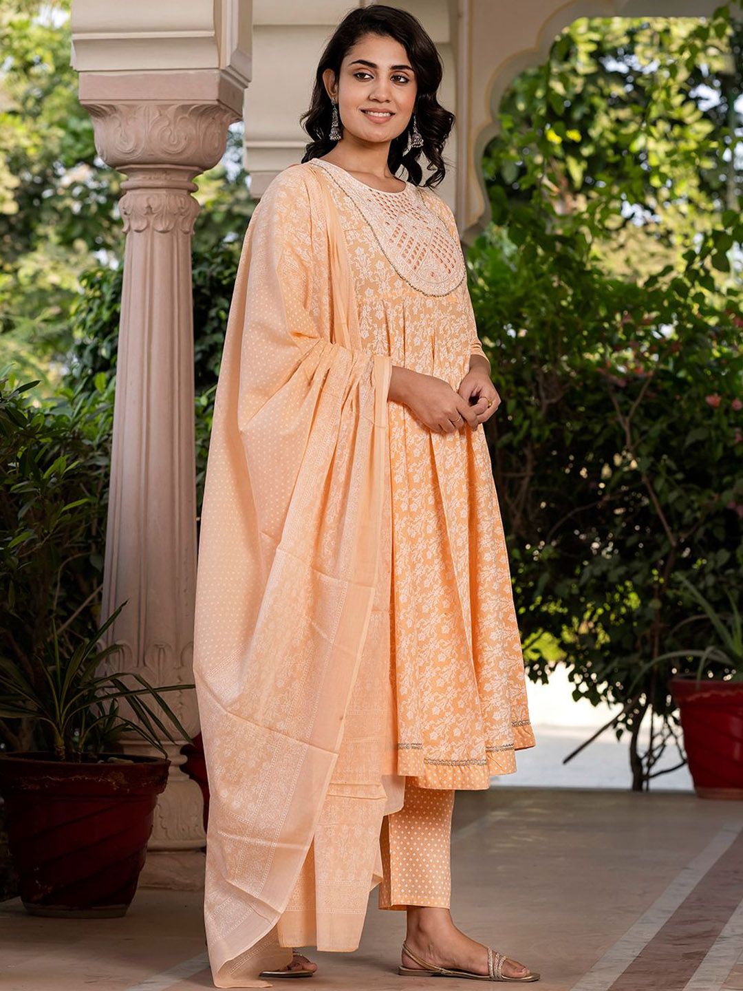 Dhiyona KL Floral Printed Mirror Work Anarkali Pure Cotton Kurta With Trousers & Dupatta