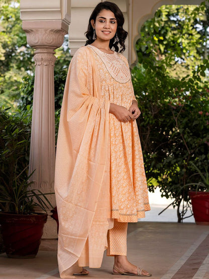 Dhiyona KL Floral Printed Mirror Work Anarkali Pure Cotton Kurta With Trousers & Dupatta
