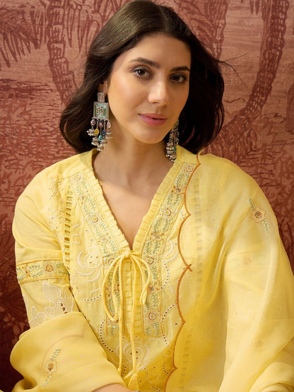 Embroidered Pure Cotton V-Neck Kurta & Trousers Kurta Set