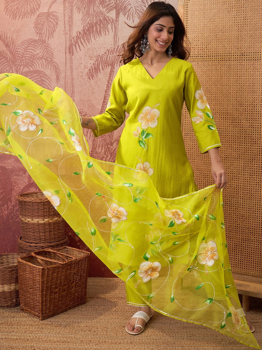Hand block Printed V-Neck Kurta & Trousers With Dupatta