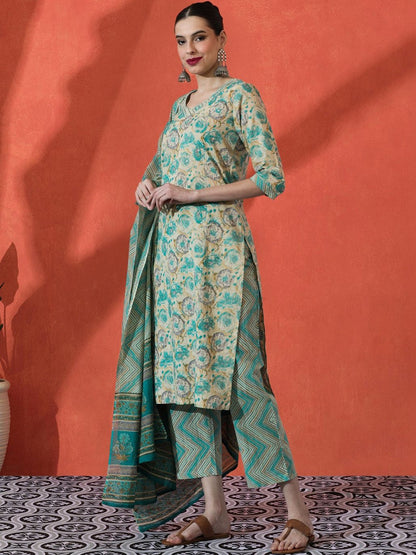 Embroidered Pure Cotton V-Neck Straight Kurta & Trousers With Dupatta