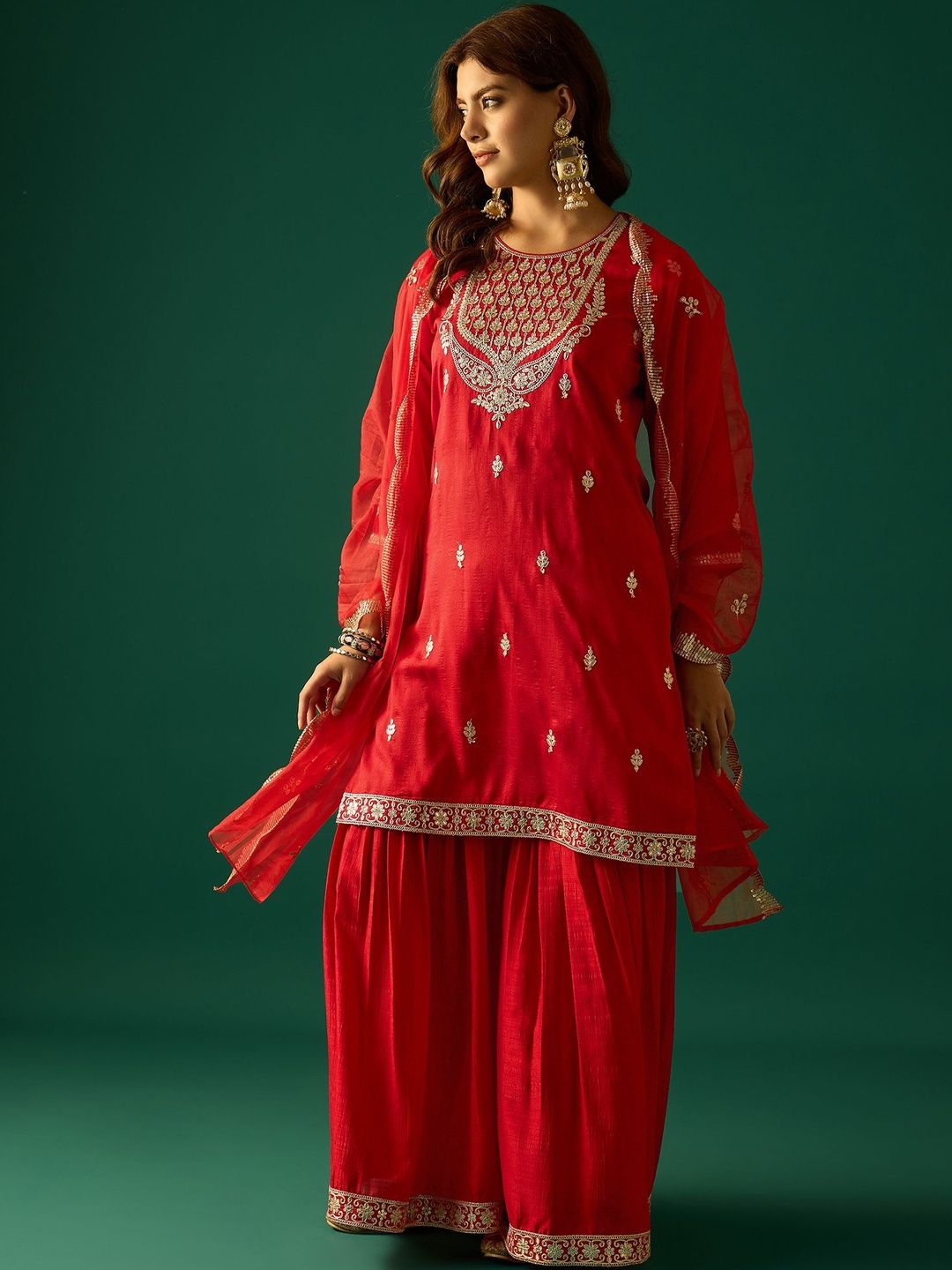 Dhiyona VA Ethnic Motifs Embroidered Zari Kurta With Sharara & Dupatta