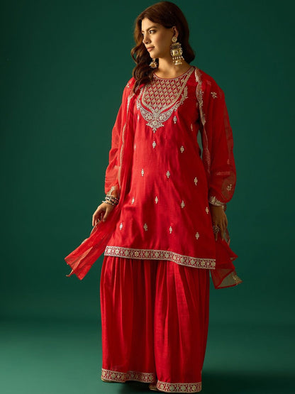 Dhiyona VA Ethnic Motifs Embroidered Zari Kurta With Sharara & Dupatta