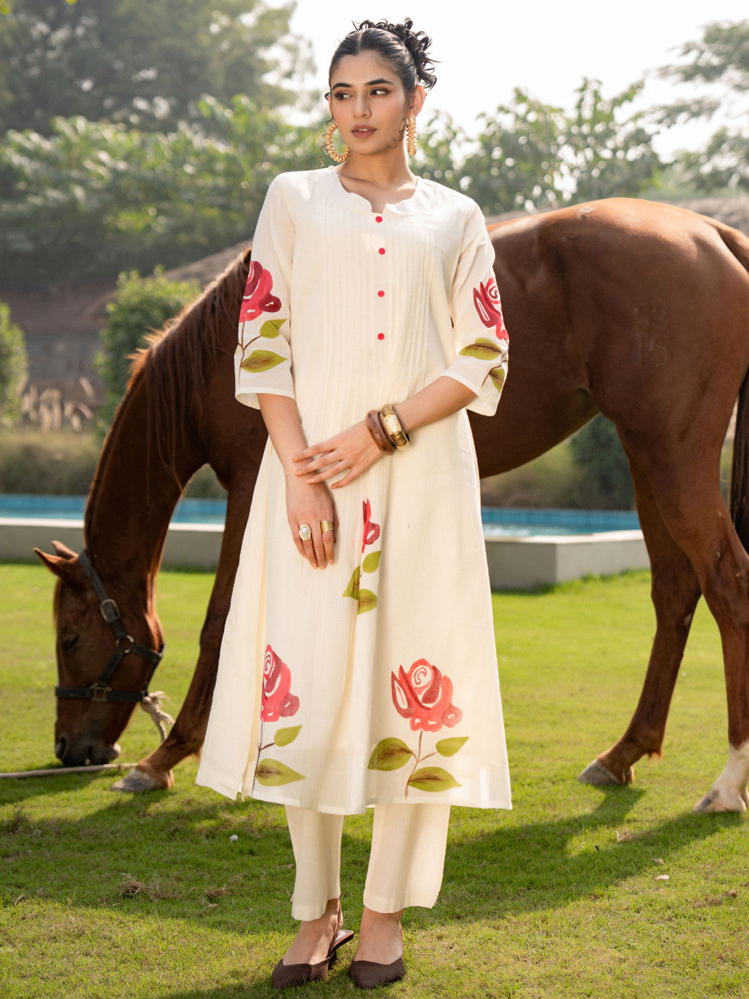 Floral Printed Mandarin Collar Pure Cotton A-Line Kurta With Trouser