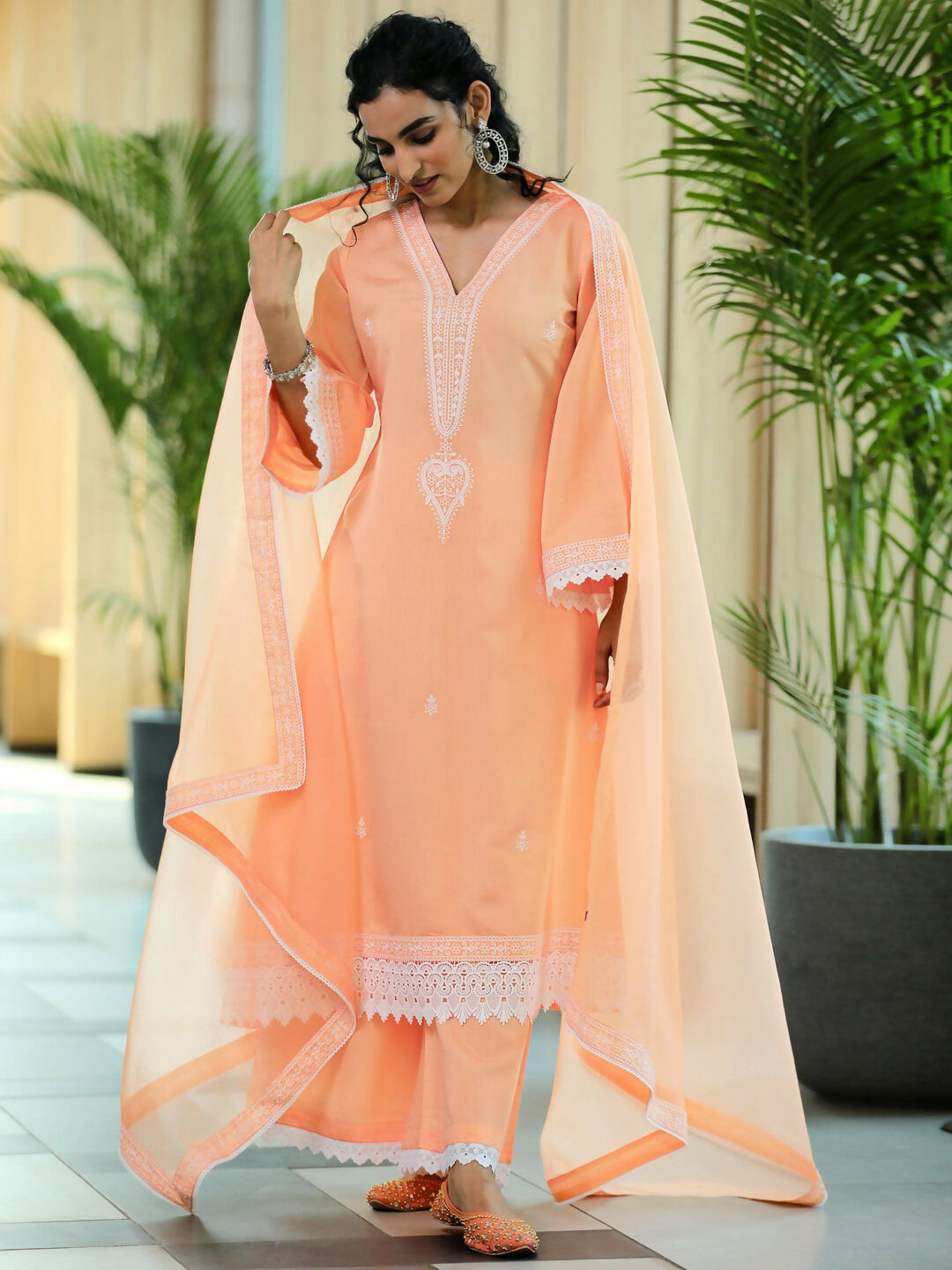 Women's LB Peach Embroidered Silk Blend A-Line Kurta With Palazzos & Dupatta