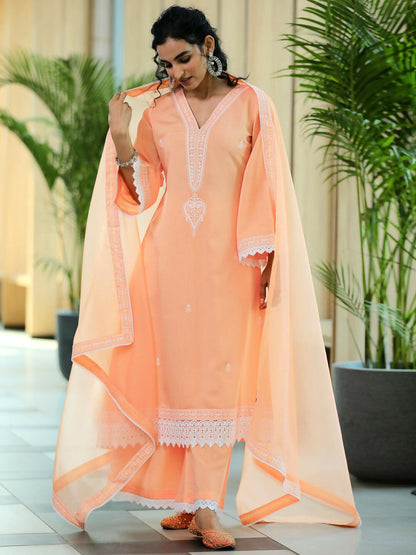 Women's LB Peach Embroidered Silk Blend A-Line Kurta With Palazzos & Dupatta