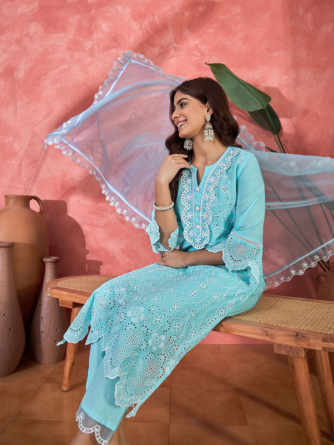 Floral Embroidered Printed Pure Cotton Kurta With Trousers & Dupatta