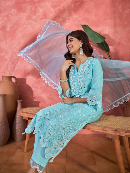 Floral Embroidered Printed Pure Cotton Kurta With Trousers & Dupatta