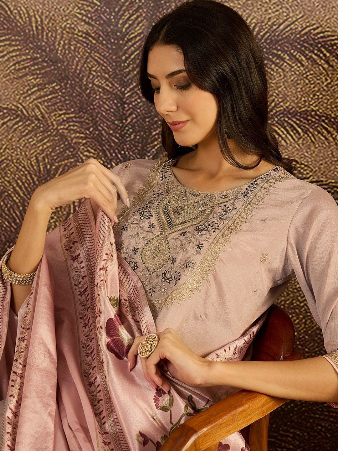 Embroidered Round Neck Straight Kurta & Trousers With Dupatta