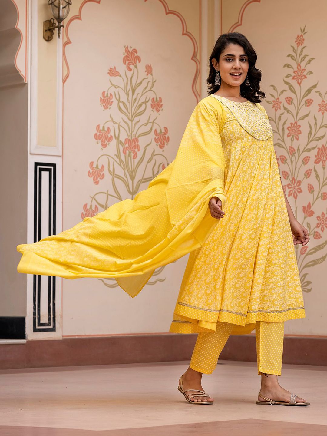Dhiyona KL Floral Printed Mirror Work Anarkali Pure Cotton Kurta With Trousers & Dupatta