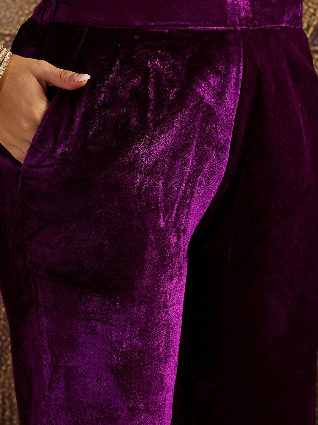 Zari Sequence Cording Embroidered Velvet Kurta with Trousers & Dupatta Set