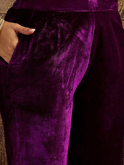 Zari Sequence Cording Embroidered Velvet Kurta with Trousers & Dupatta Set