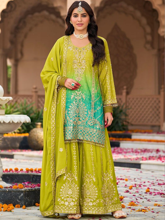 Dhiyona IE Women Ombre Embroidered Regular Kurta with Sharara & With Dupatta