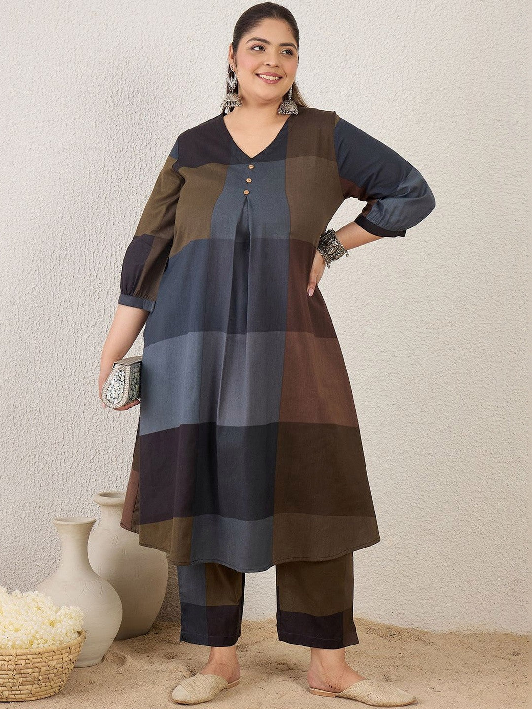 Plus Size blocked Regular Pure Cotton Kurta with Trousers