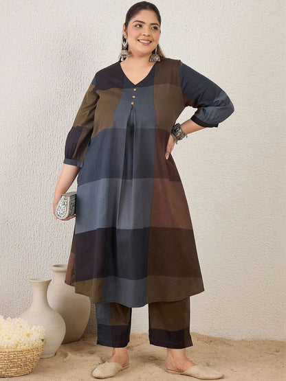 Plus Size blocked Regular Pure Cotton Kurta with Trousers
