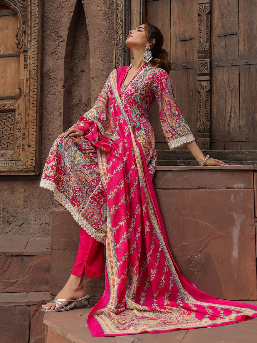 Dhiyona RR Women's Printed Thread Work Pure Cotton Anarkali Kurta with Trousers & Dupatta