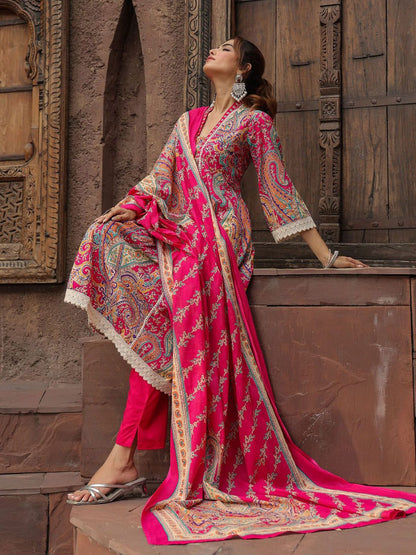 Dhiyona RR Women's Printed Thread Work Pure Cotton Anarkali Kurta with Trousers & Dupatta