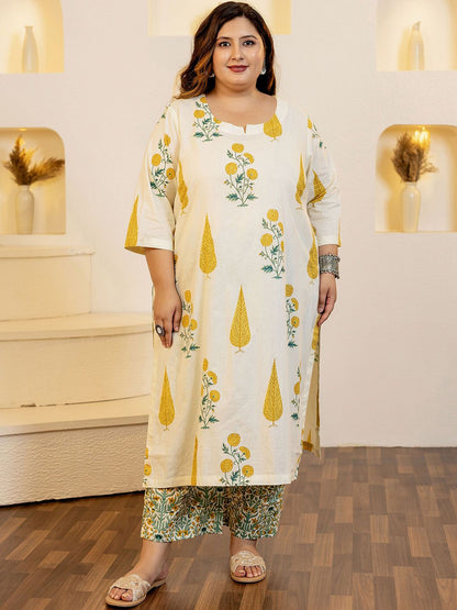 Dhiyona Women's Plus Size Floral Printed Sequinned Pure Cotton Kurta with Trouser & Dupatta