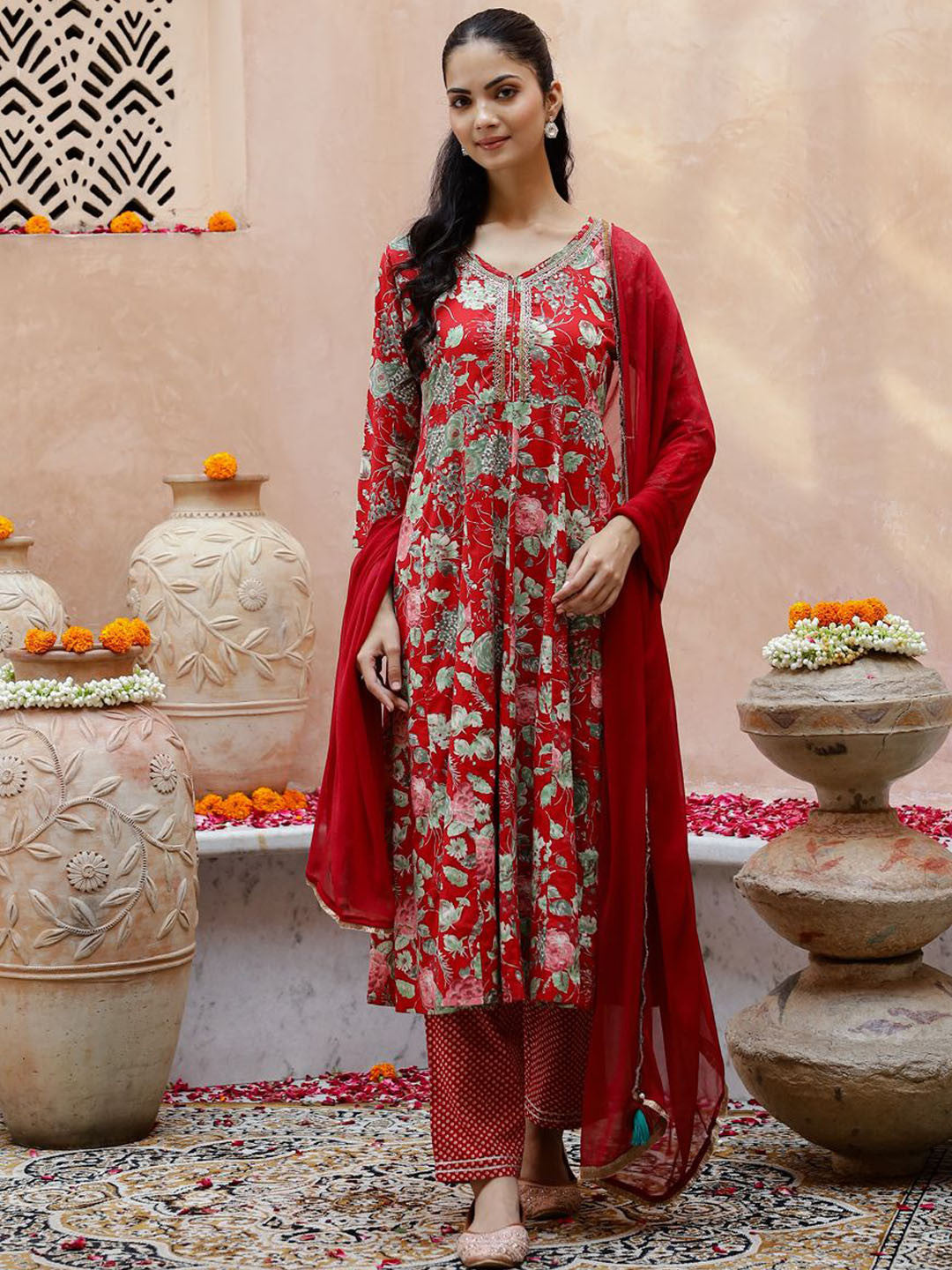 Dhiyona SN Floral Printed Beads & Stones Anarkali Kurta & Trouser With Dupatta
