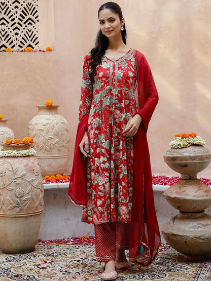 Floral Printed Beads & Stones Anarkali Kurta & Trouser With Dupatta