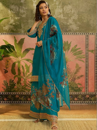 Dhiyona SN Embroidered V-Neck Kurta & Palazzos With Dupatta