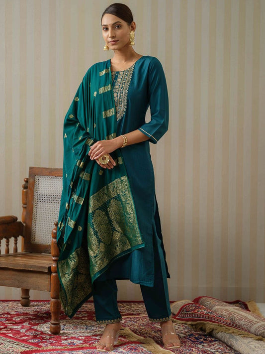 Dhiyona OD  Ethnic Motifs Embroidered Straight Kurta & Trousers With Dupatta