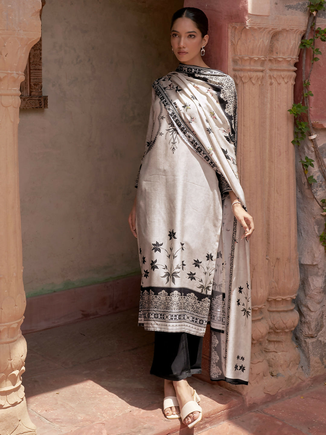 Women's LB Monochrome Printed Silk Blend Straight Suit With Dupatta