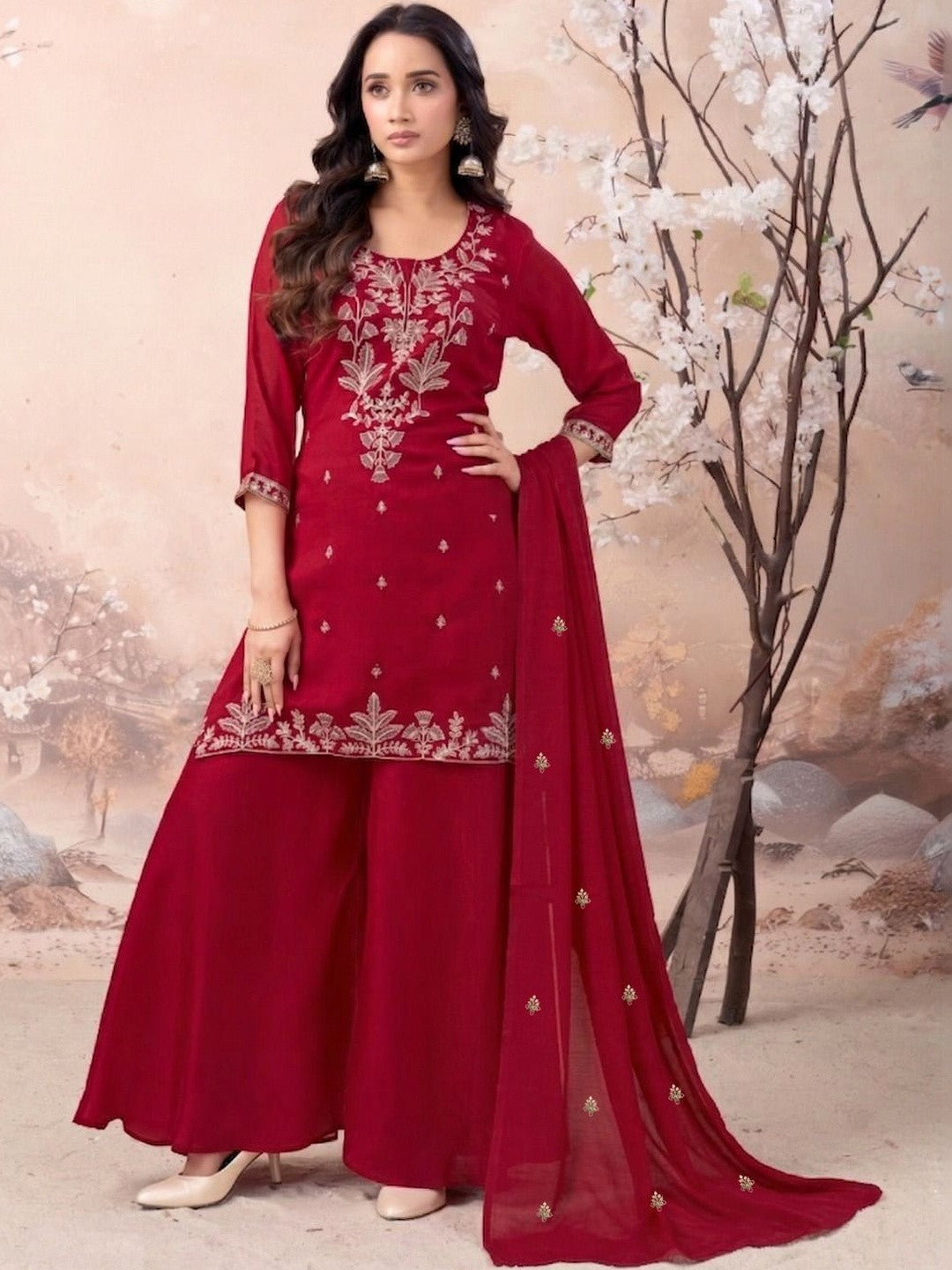 Dhiyona SN Embroidered Silk Blend Round Neck Kurti & Sharara With Dupatta