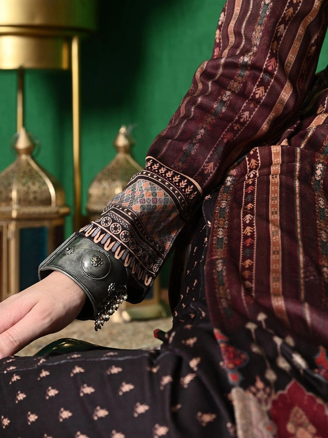 Brown Ethnic Motifs Winter Velvet Straight Kurta & Trouser With Dupatta