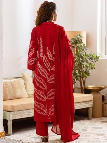Printed Pure Cotton Shirt Collar Neck Kurta & Trousers With Dupatta
