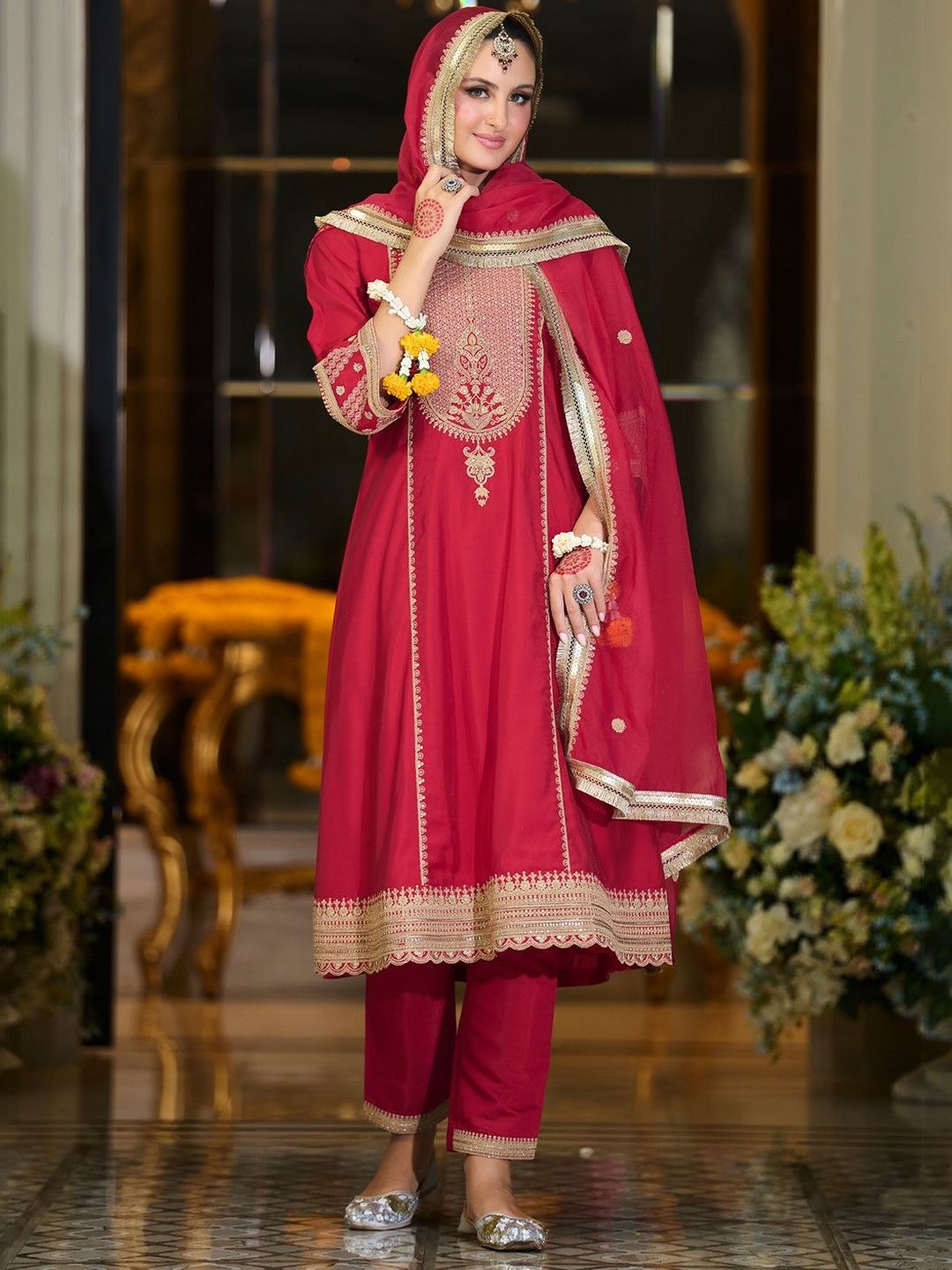 Dhiyona IE Women Ethnic Motifs Embroidered Zari A-Line Kurta with Trousers & Dupatta