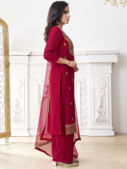 Dhiyona IN Floral Embroidered Round Neck Georgette Straight Kurta With Palazzos & Dupatta