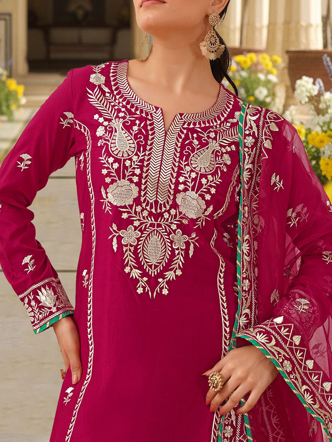 Dhiyona KL Floral Embroidered Straight Kurta with Palazzos & Dupatta