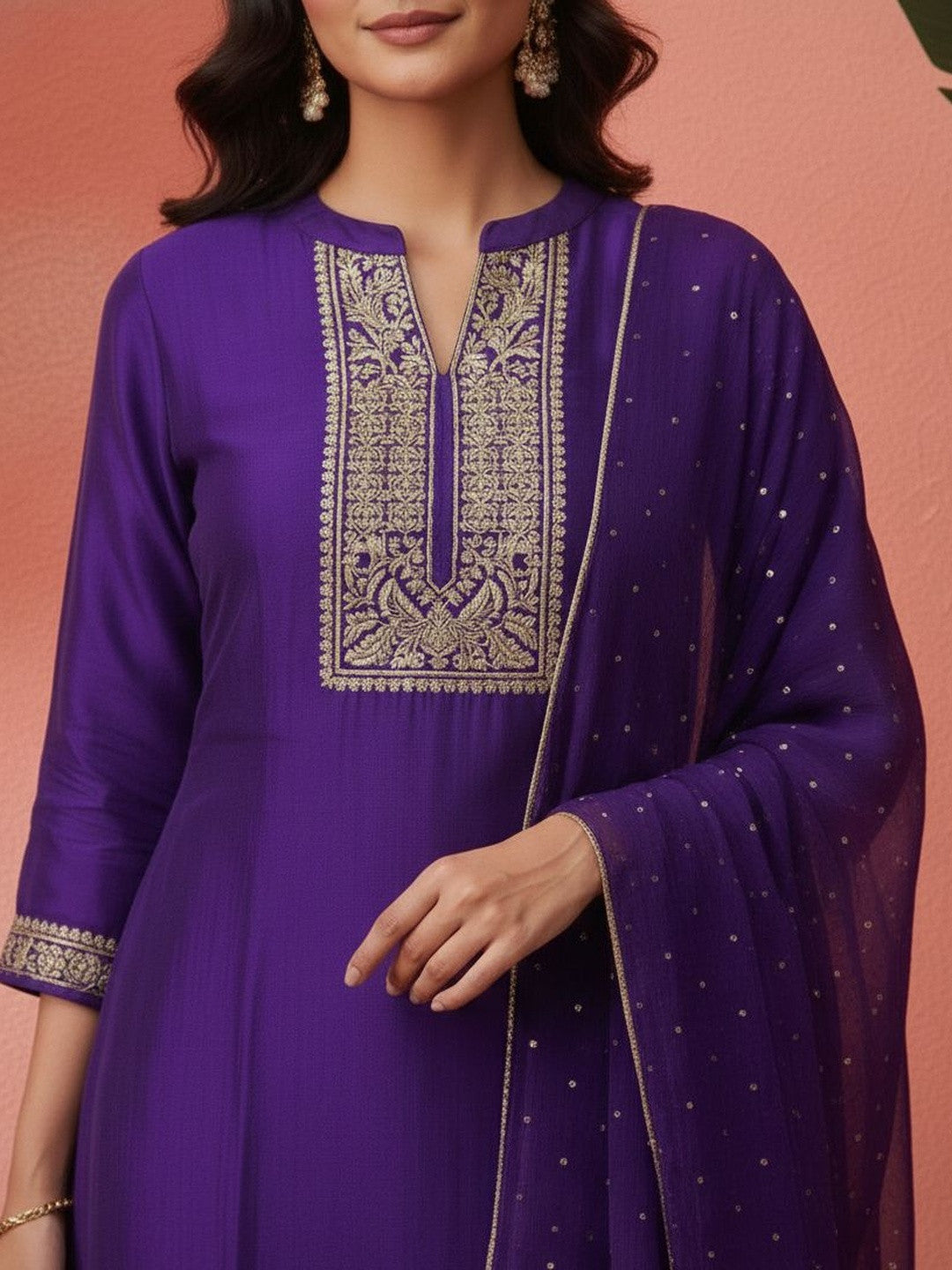 Embroidered Mandarin Collar Kurta & Trousers with Dupatta